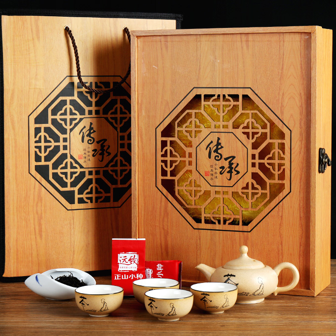 礼盒装-正山小种-传承开窗木纹礼盒420g（含提袋+茶具）