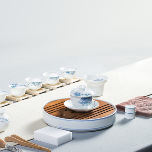 陶瓷-立体青花牡丹盖碗茶盘套组